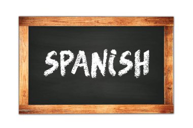 Siyah ahşap çerçeve okul tahtasına yazılmış SPANISH metni.
