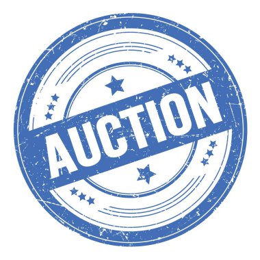 Açık arttırma metni mavi yuvarlak grungy doku damgası üzerine.