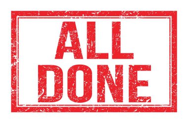 Hepsi bitti, kırmızı dikdörtgen damga işareti üzerine yazılmış kelimeler