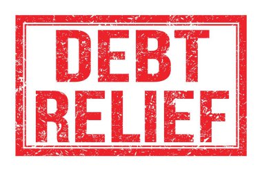 DEBT RELIEF, kırmızı dikdörtgen mühür işareti üzerine yazılmış kelimeler