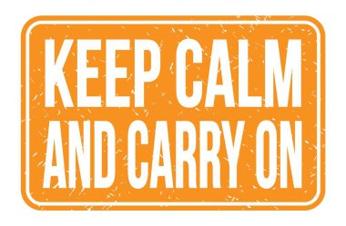 CALM VE CARRY OL, turuncu dikdörtgen damgası üzerine yazılmış kelimeler