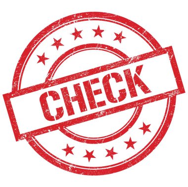 Kırmızı yuvarlak vintage kauçuk damgalı CHECK metni.