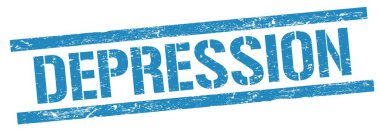 Mavi grungy dikdörtgen damga işareti üzerinde depresif metin.