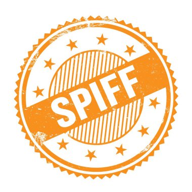 SPIFF metin turuncu grungy zig zag kenarları yuvarlak pul üzerine yazılmış.