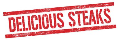 Kırmızı grungy dikdörtgen damga işareti üzerinde DELİOUS STEAKS metni.