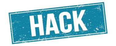 Mavi grungy dikdörtgen damga işareti üzerinde hack metni.