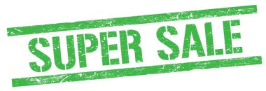 Yeşil grungy dikdörtgen damga işareti üzerinde süper satış metni.