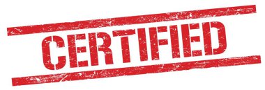 Kırmızı grungy dikdörtgen damga işareti üzerinde CERTIFIED metin.