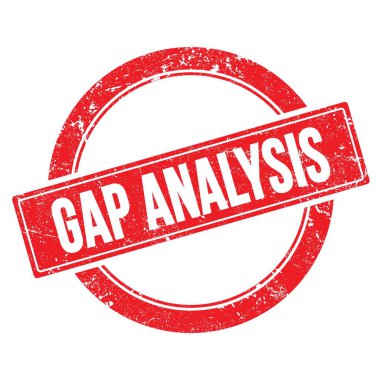 Kırmızı grungy round vintage pulu üzerine GAP ANALYSIS metni.
