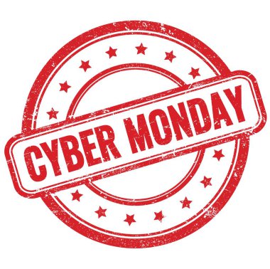 CYBER Pazartesi metni kırmızı, eski, kirli, yuvarlak, lastik damga üzerine.