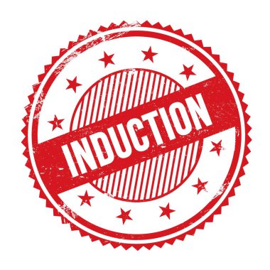 Kırmızı grungy zig zag kenarlarında yazılmış INDUCTION metni yuvarlak pul.