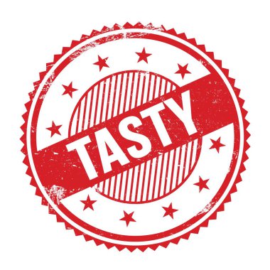 Kırmızı grungy zig zag kenarları yuvarlak mühür üzerine yazılmış lezzet metni.