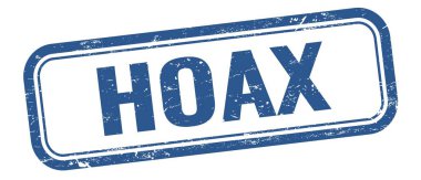 Mavi grungy vintage dikdörtgen damgalı HOAX metni.