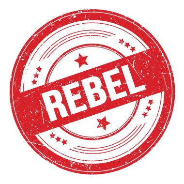Kırmızı yuvarlak grungy desen damgalı REBEL metin.
