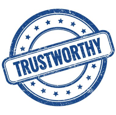 Mavi antika, pasaklı, yuvarlak lastik damga üzerine TRUSTworTHY metin.
