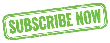 SUBSCRIBE Şimdi yeşil grungy vintage dikdörtgen damgası üzerinde metin.