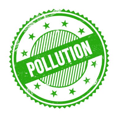 Yeşil grungy zig zag kenarlarında yazılmış POLUTION metni yuvarlak pul.