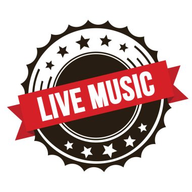 Kırmızı kahverengi rozet damgasında Live MÜZİK metin.