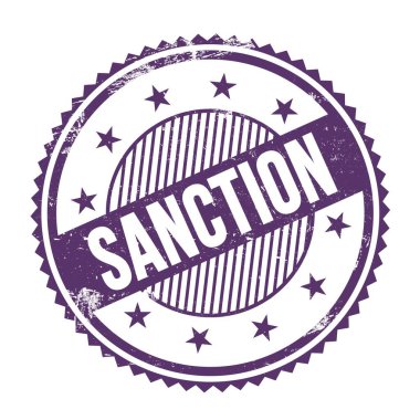 Mor indigo grungy zig zag kenarları yuvarlak mühür üzerine yazılmış SANCTION metin.