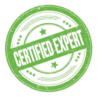 Yeşil yuvarlak, kirli doku damgası üzerine CERTİLENmiş Uzman Metni.