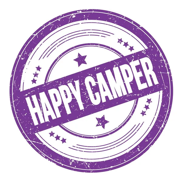 Happy Camper Szöveg Lila Indigó Kerek Grungy Textúra Bélyegző — Stock Fotó