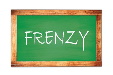 Yeşil ahşap çerçeve okul tahtasına yazılmış FRENZY metin.