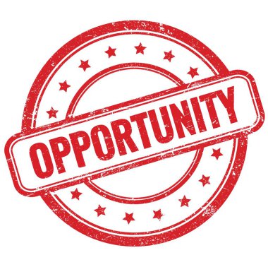 Kırmızı, eski, pasaklı, yuvarlak kauçuk damga üzerine OPPORTUNITY metin.