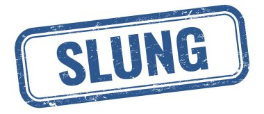 Mavi grungy vintage dikdörtgen damgalı SLUNG metin.