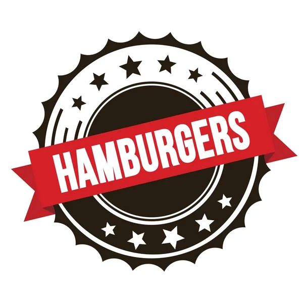 Hamburgers Texto Selo Crachá Fita Marrom Vermelho — Fotografia de Stock
