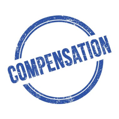Mavi grungy vintage yuvarlak pul üzerine yazılmış COMPENSATION metni.