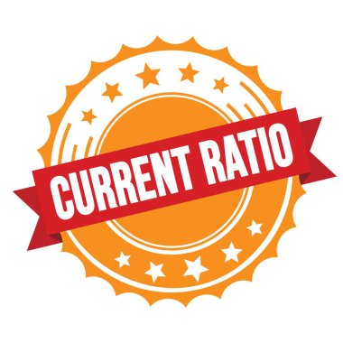 Kırmızı turuncu rozet damgasında CURRENT RATIO metni.