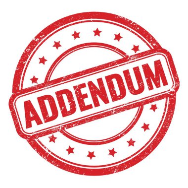 Kırmızı grungy vintage yuvarlak lastik damgalı ADDENDUM metni.