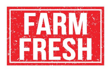 FARM FRESH, kırmızı dikdörtgen mühür işareti üzerine yazılmış kelimeler