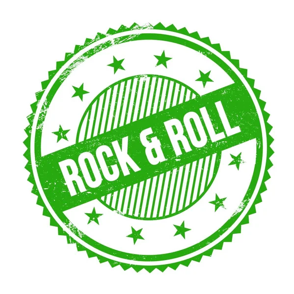 Rock Roll Szöveg Zöld Grungy Cikcakkos Szegélyek Kerek Bélyeg — Stock Fotó