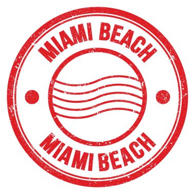 MIAMI BEACH Kelime kırmızı yuvarlak posta damgası işareti üzerine yazılmış