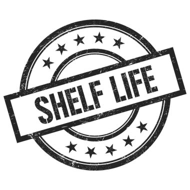 SHELF HAYAT metni siyah yuvarlak vintage kauçuk damga üzerine yazılmış.