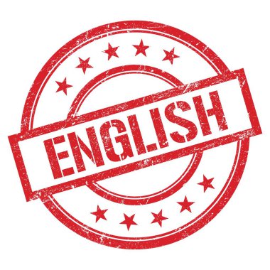 Kırmızı yuvarlak vintage kauçuk damga üzerine yazılmış ENGLISH metin.