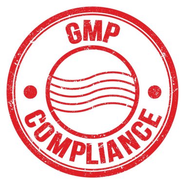 Kırmızı yuvarlak posta damgası üzerine yazılmış GMP COMPLIANCE metni