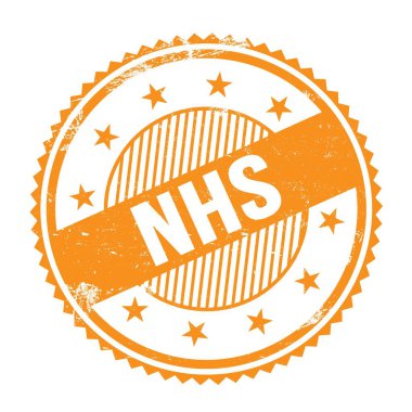 Turuncu grungy zig zag kenarları üzerine yazılmış NHS metni yuvarlak pul.