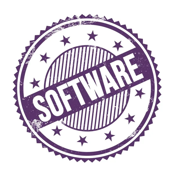 紫藍のグランジージグザグボーダーラウンドスタンプに書かれたソフトウェアテキスト — ストック写真