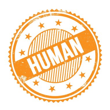 Turuncu grungy zig zag kenarlarında yazılmış HUMAN metni yuvarlak pul.
