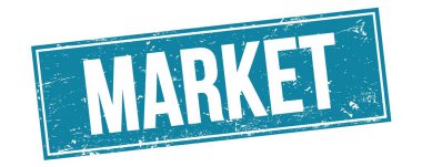 Mavi grungy dikdörtgen damga işareti üzerine MARKET metni.