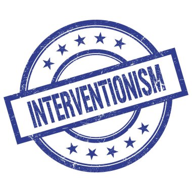 Mavi yuvarlak plastik damga üzerine yazılmış INTERVENTIONISM metin.