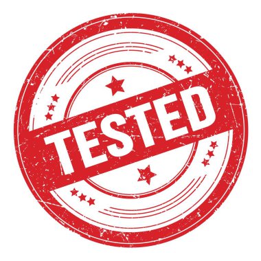 Kırmızı yuvarlak grungy desen damgası üzerine test edilmiş metin.