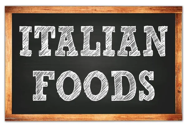 Alimentos Italianos Escritos Pizarra Madera Negra — Foto de Stock