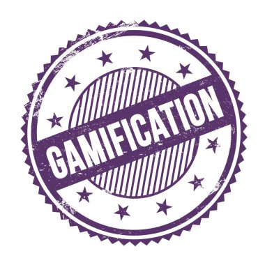 Mor indigo grungy zig zag kenarları üzerine yazılmış GAMIFICATION metni yuvarlak pul.