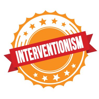 Kırmızı turuncu rozet damgalı intervensiyonizm metni.