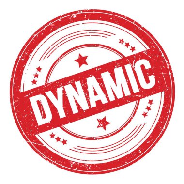 Kırmızı yuvarlak grungy doku damgası üzerine DYNAMIC metin.