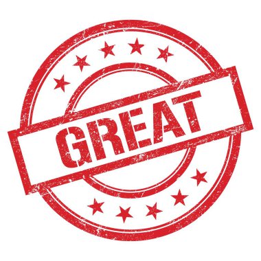 Kırmızı yuvarlak plastik damga üzerine yazılmış harika metin.