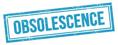 Mavi grungy vintage dikdörtgen damgalı OBSOLESCENCE metin.